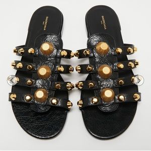 BALENCIAGA BLACK LEATHER ARENA GOLDTONE GIANT STUD SANDALS - SIZE 40